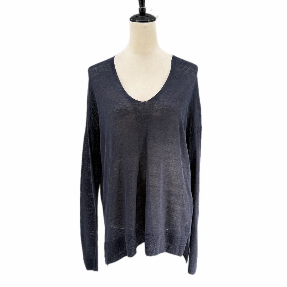 Vince Navy Linen Blend Thin Knit Scoop Neck Drop Shoulder Casual Light Sweater